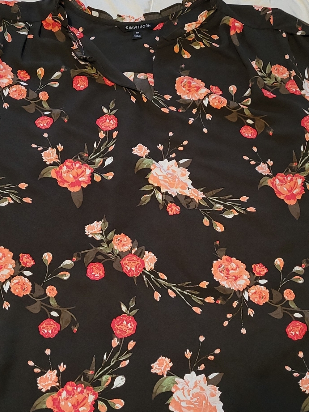 41 Hawthorn Forest Green Floral Blouse with Coral & Green Blooms